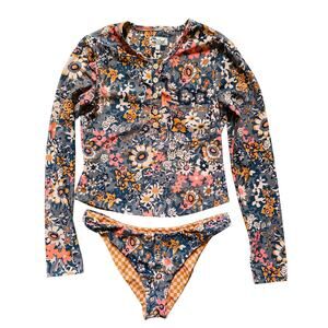 THE GREAT. Floral Long Sleeve Henley Rashguard + Cheeky Bikini Bottoms Sun Set S